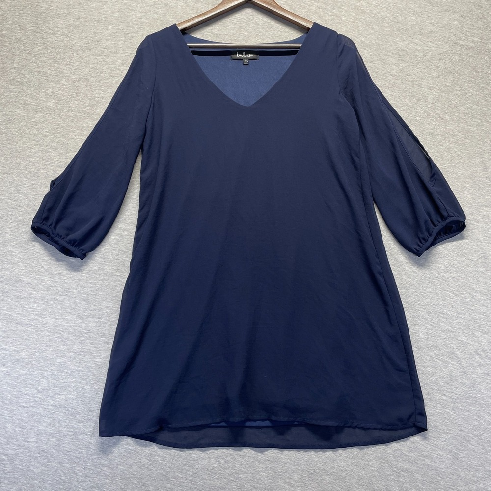 Lulus Shift Dress Womens Small Navy Blue Lightweight Slit 3/4 Sleeve Deep V-Neck
